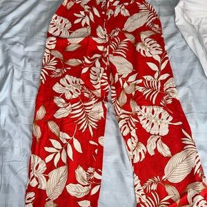 Monteau Red and Ivory Tropical Leaf Wide Leg Pants